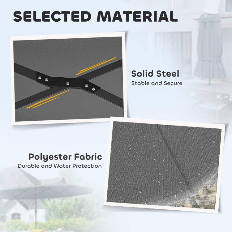 Solid steel frame and polyester canopy fabric for a gray patio parasol