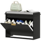 Black shoe storage bench with padded seat and flip drawer, open front showing shoes