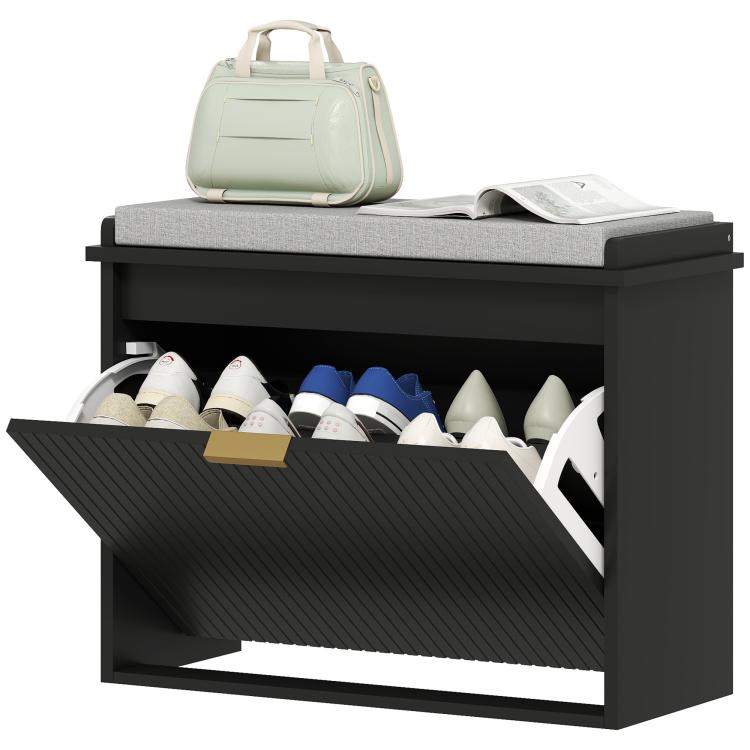Black shoe storage bench with padded seat and flip drawer, open front showing shoes