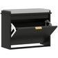 Black shoe storage bench with gray padded top and open flip-drawer shoe compartment