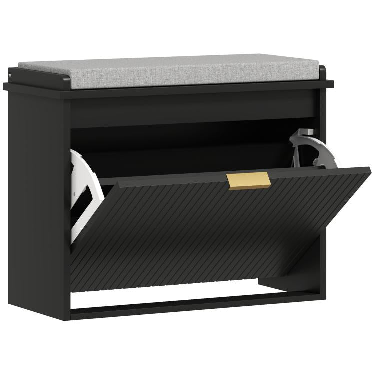 Black shoe storage bench with gray padded top and open flip-drawer shoe compartment