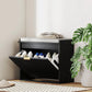 Black shoe storage bench with padded seat and flip drawer, open cabinet for shoe storage