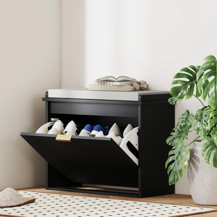 Black shoe storage bench with padded seat and flip drawer, open cabinet for shoe storage