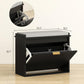 Black shoe storage bench with padded seat and flip drawer, open compartment with dividers