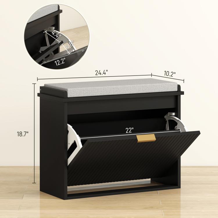 Black shoe storage bench with padded seat and flip drawer, open compartment with dividers