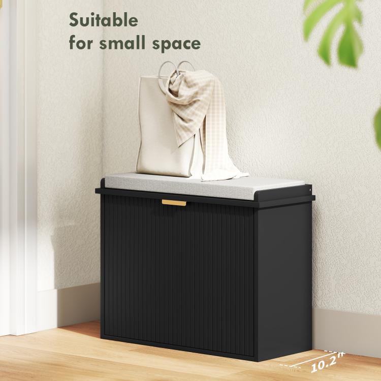 Black shoe storage bench with padded seat and flip drawer, compact cabinet for shoes