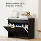 Black shoe storage bench with padded seat and flip drawer, open shelf holding shoe pairs