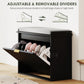 Black shoe storage bench with padded seat and flip drawer, adjustable interior dividers
