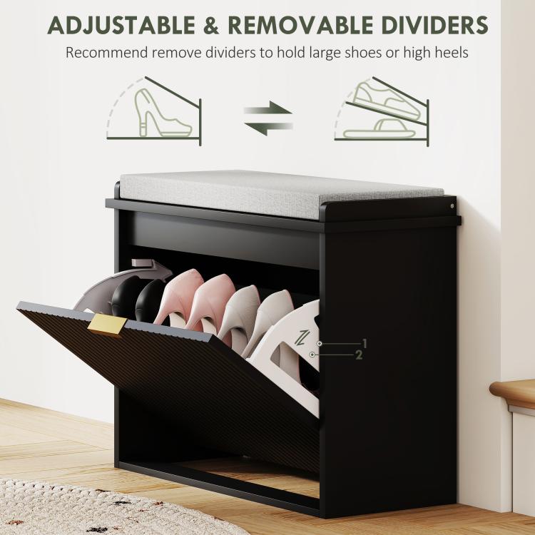 Black shoe storage bench with padded seat and flip drawer, adjustable interior dividers