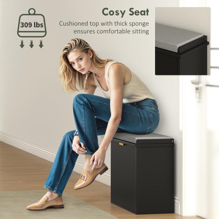 Black shoe storage bench with thick cushioned seat for comfortable sitting