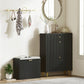 Black shoe cabinet with padded top and flip drawer, front doors closed