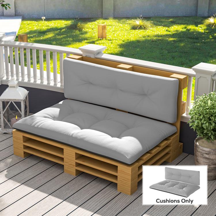 Light gray thick tufted pallet cushion set shown on a wooden bench base