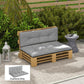 Light gray tufted outdoor pallet cushion set on wooden pallet-style bench