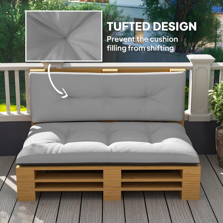Light gray tufted pallet cushion set with backrest and seat, anti-shift design