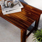 Wood garden bench with slatted seat, carbonized finish, backless two-seat design