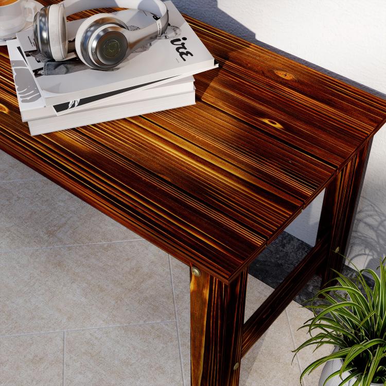 Wood garden bench with slatted seat, carbonized finish, backless two-seat design