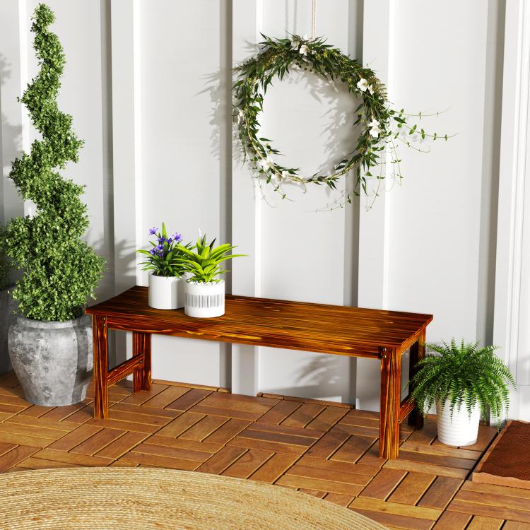 Backless wooden porch bench with slatted seat and dark brown finish