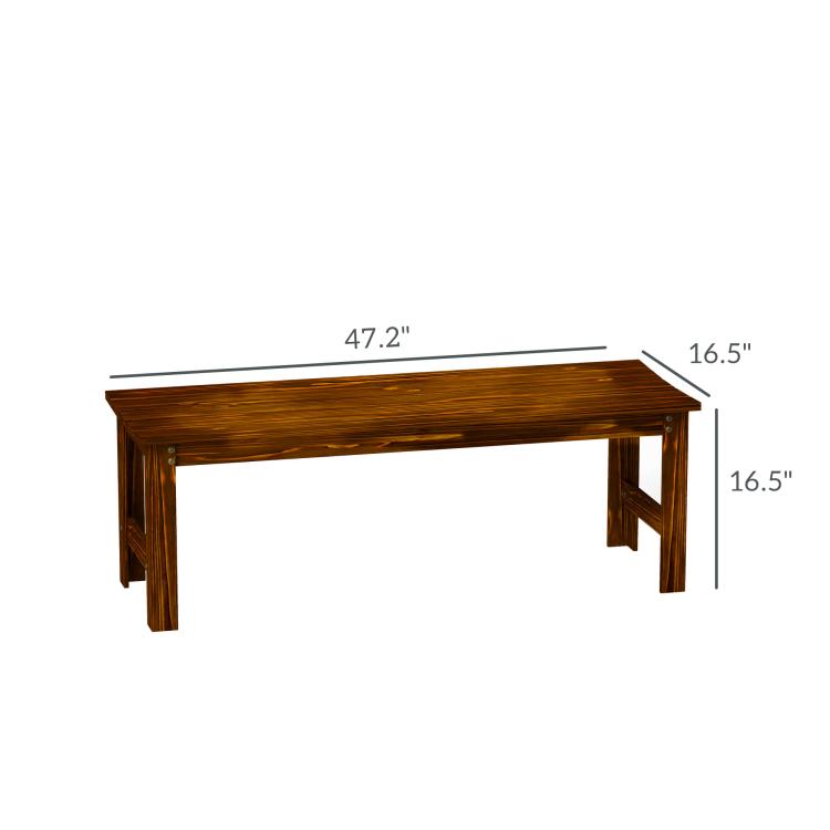 Backless 2-seat wood bench with slatted seat, dark brown, side profile