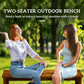 2-seat outdoor wood bench with slatted seat, dark brown, two people seated