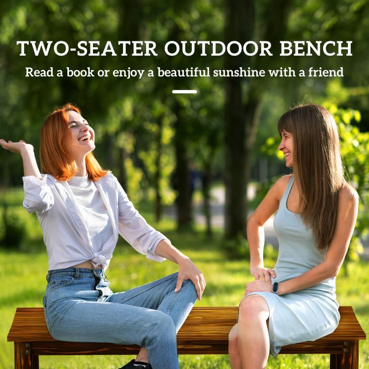 2-seat outdoor wood bench with slatted seat, dark brown, two people seated