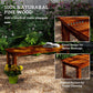Slatted backless wood garden bench with dark brown finish, end corner detail