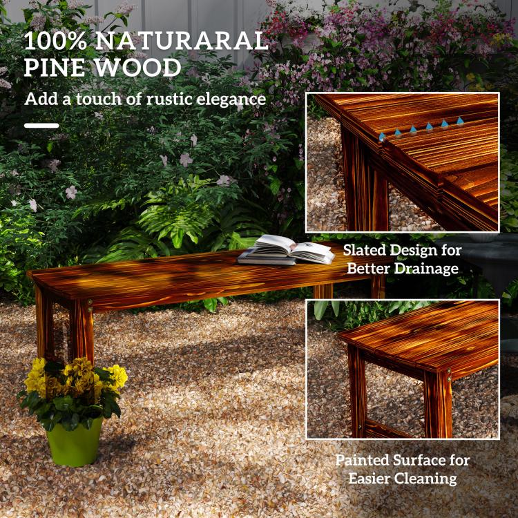 Slatted backless wood garden bench with dark brown finish, end corner detail