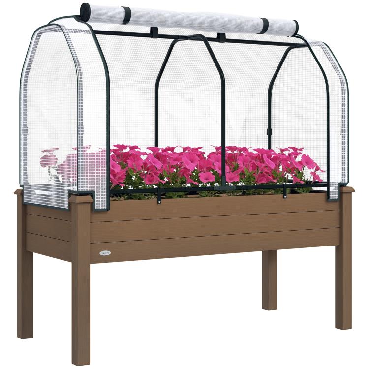 Raised garden bed with mesh greenhouse cover, brown frame, black bars and green trim