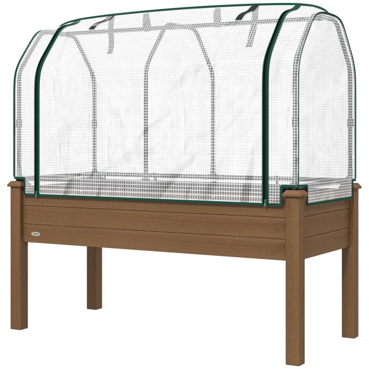 Raised garden bed with full mesh greenhouse cover, brown frame, green-edged panels