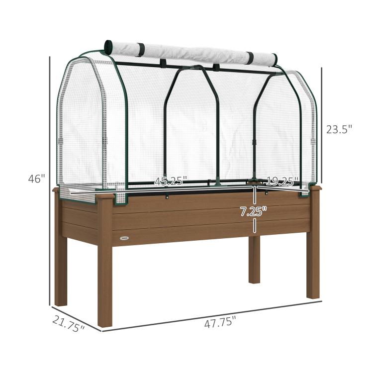 Raised garden bed with greenhouse cover, brown frame, front view with dimension labels