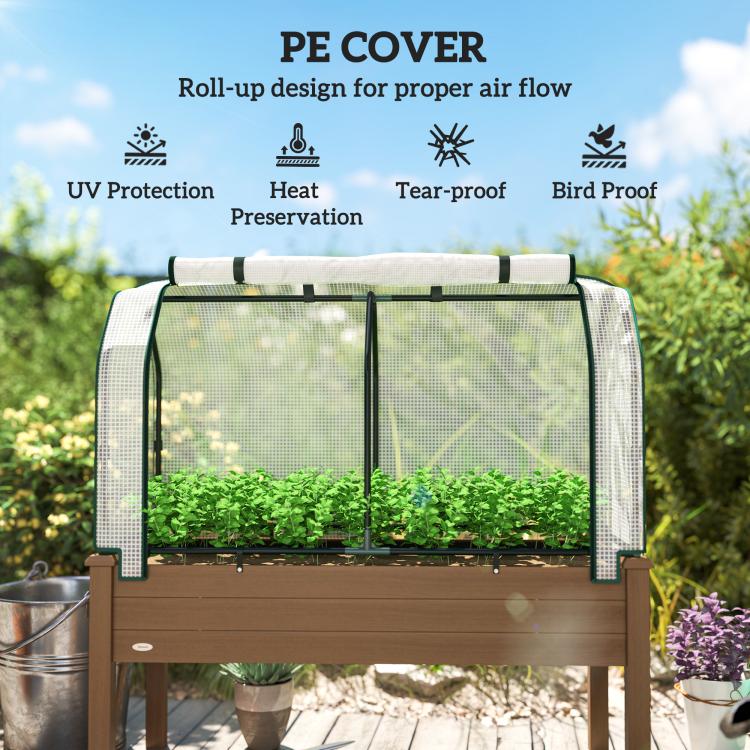 Raised garden bed greenhouse cover with clear mesh panels, brown frame, green seedlings inside