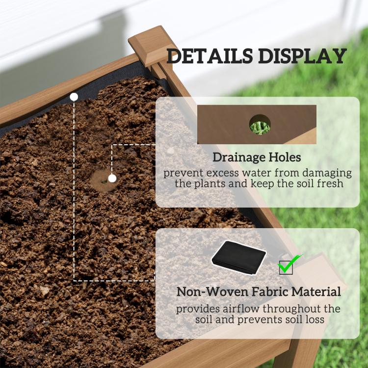 Raised garden bed with soil-filled interior and drainage hole detail, brown wooden frame