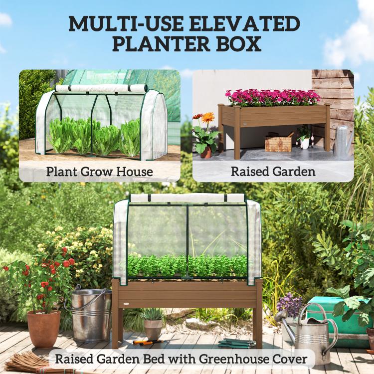 Raised garden bed with greenhouse cover, brown frame, mesh panels for plant growth protection