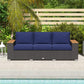 3-seat outdoor patio sofa with dark gray PE wicker and navy seat cushions