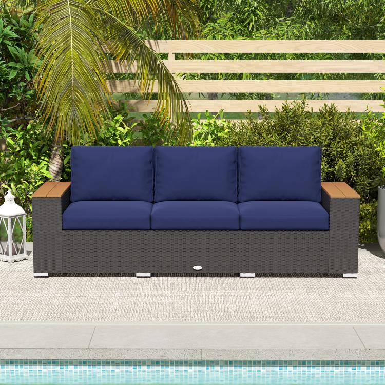 3-seat outdoor patio sofa with dark gray PE wicker and navy seat cushions