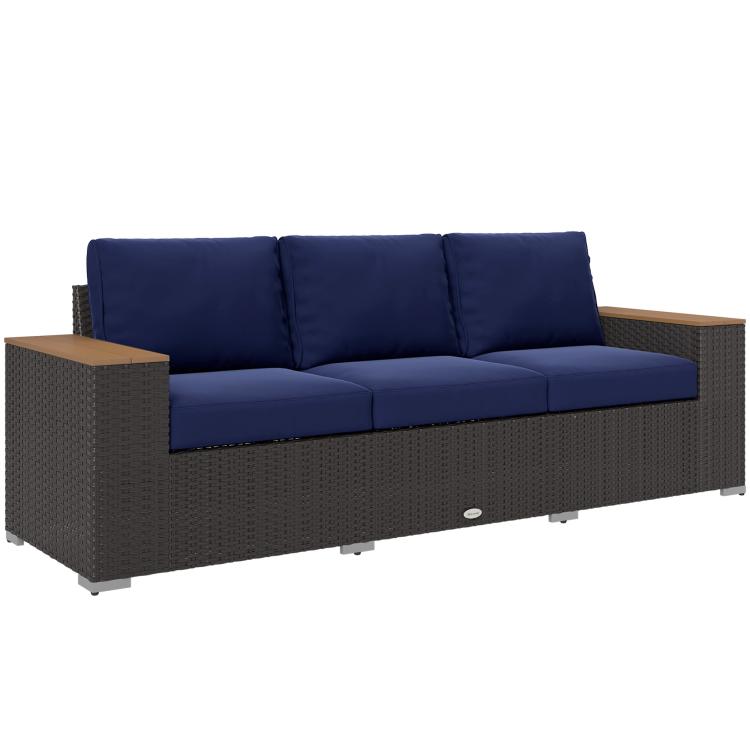 3-seat outdoor patio sofa, dark gray wicker with navy back and seat cushions