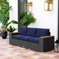 3-seat outdoor sofa with navy cushions, dark gray wicker weave, and wood-look armrests