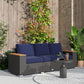 3-seat outdoor sofa with navy back cushions and dark gray wicker body, wood armrests