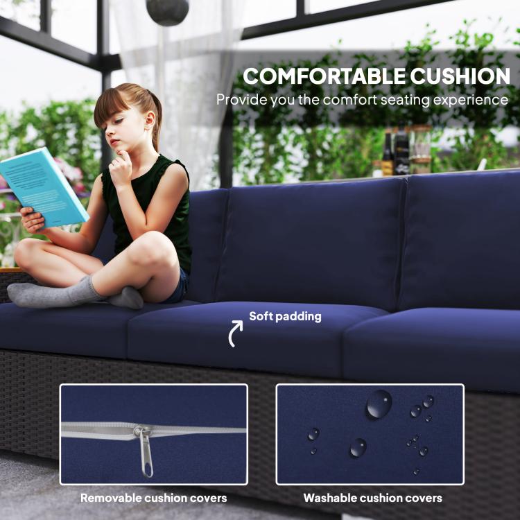Navy padded seat and back cushions on dark gray wicker outdoor sofa, soft cushioning