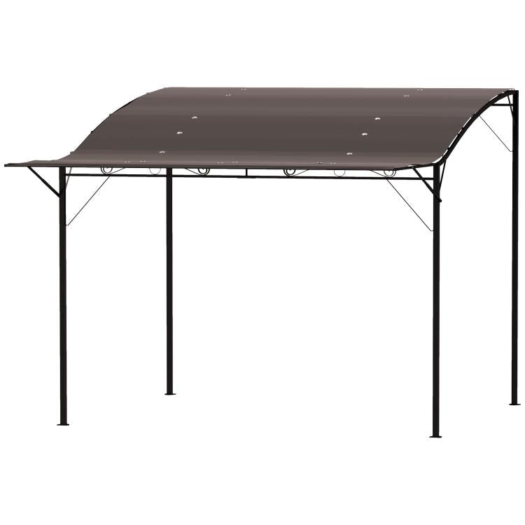 Brown metal gazebo frame with curved retractable canopy top and support posts