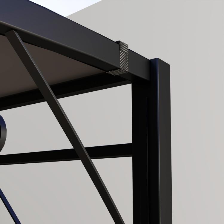 Outdoor pergola gazebo corner with dark metal posts and roof cross beams
