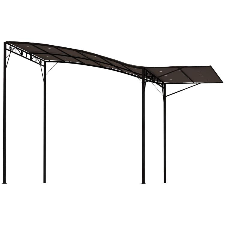 Outdoor pergola gazebo canopy with slanted roof panels and four dark legs