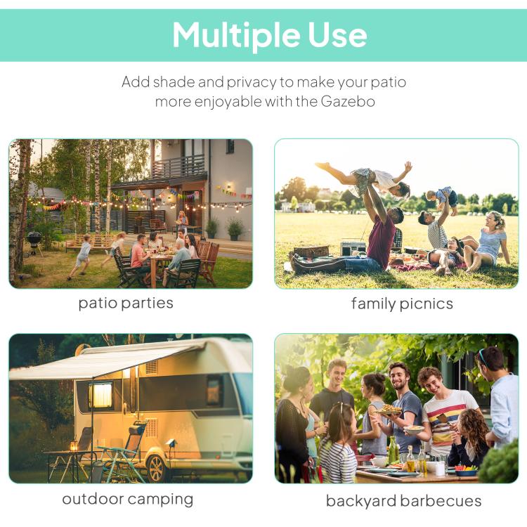 Outdoor gazebo for patio gatherings with dark frame and retractable canopy