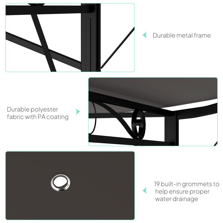 Pergola gazebo materials and details: metal frame, coated fabric, grommets