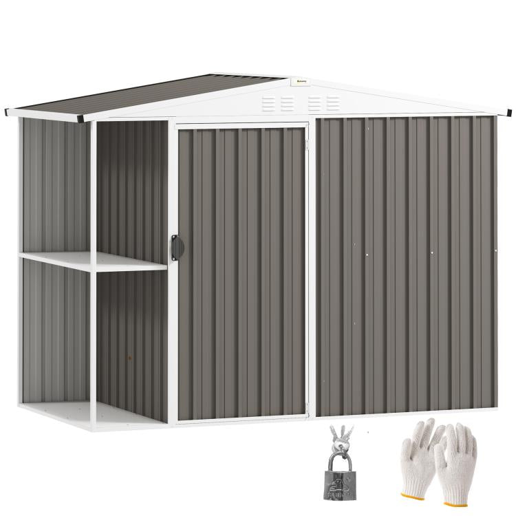 Warm gray metal garden shed with double doors open, showing shelves and interior storage