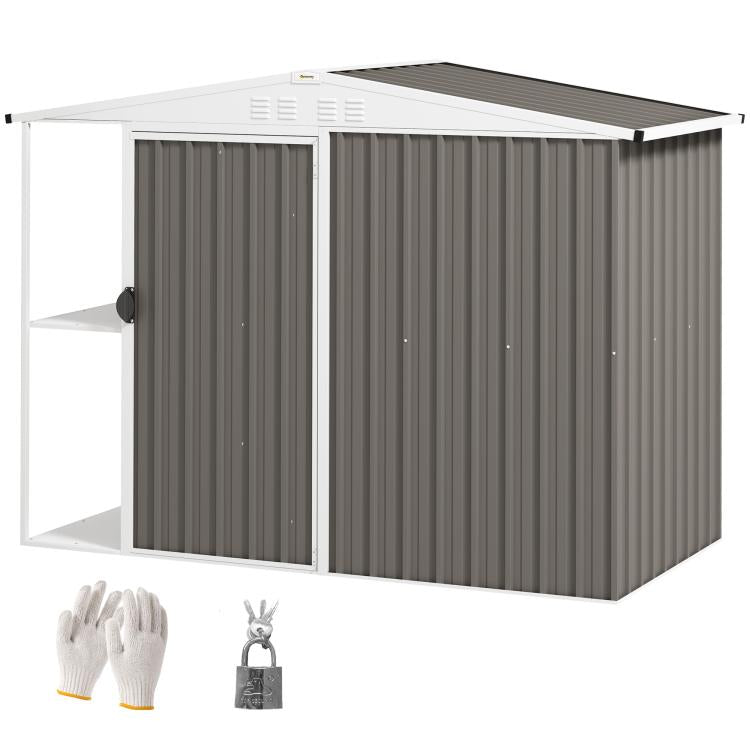 Warm gray metal garden shed with side door open, gray panels and interior shelves