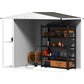Warm gray metal garden shed with vented roof and side air vents, open door view