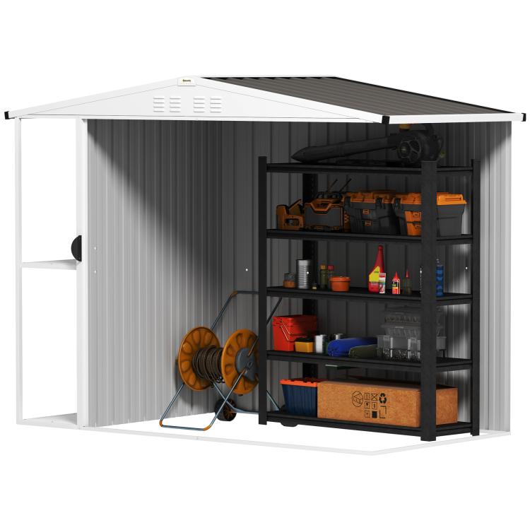 Warm gray metal garden shed with vented roof and side air vents, open door view