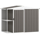 Warm gray metal garden shed with front door, vented panels and side shelves