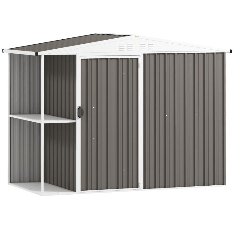 Warm gray metal garden shed with front door, vented panels and side shelves