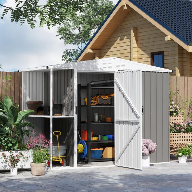 Warm gray outdoor metal shed with open doors, interior storage shelves and tools